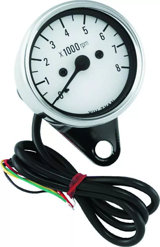 Bikers Choice 2.5 Inch Chrome Mini Tach Universal White Face 8000 RPM