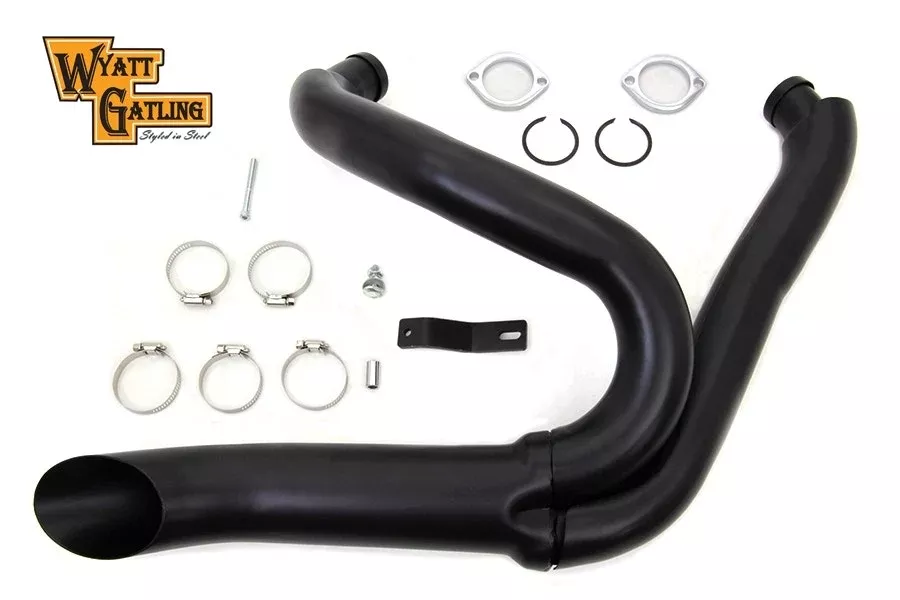 Black Wyatt Gatling 2 into 1 Exhaust Lake Pipe Header Harley Chopper 18mm O2