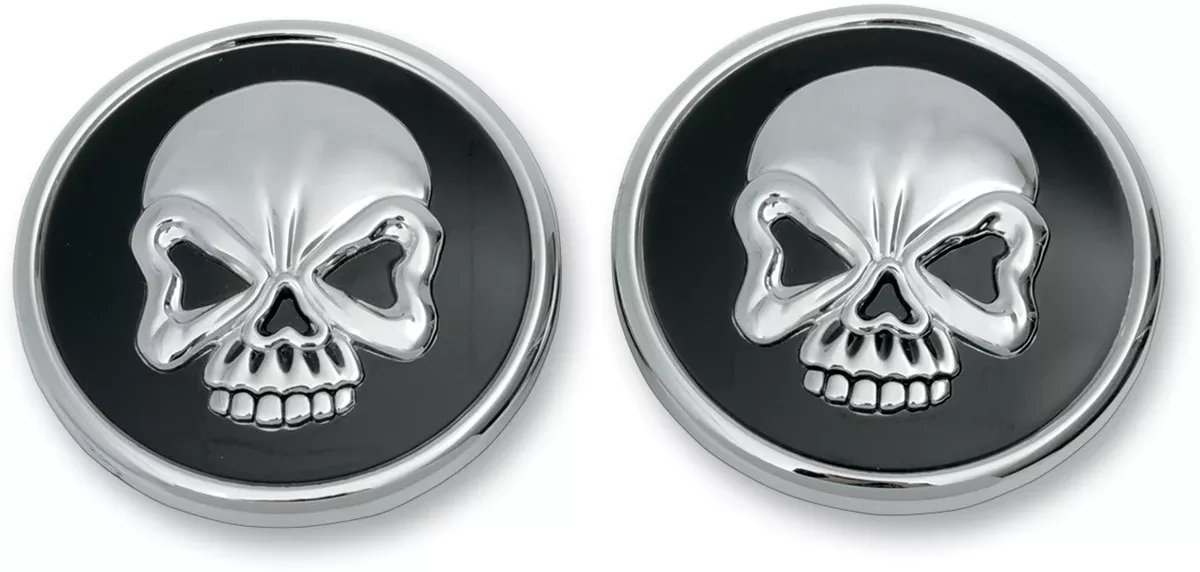 Drag Specialties Chrome Black Skull Gas Tank Fuel Caps 84-96 Harley Dyna Touring