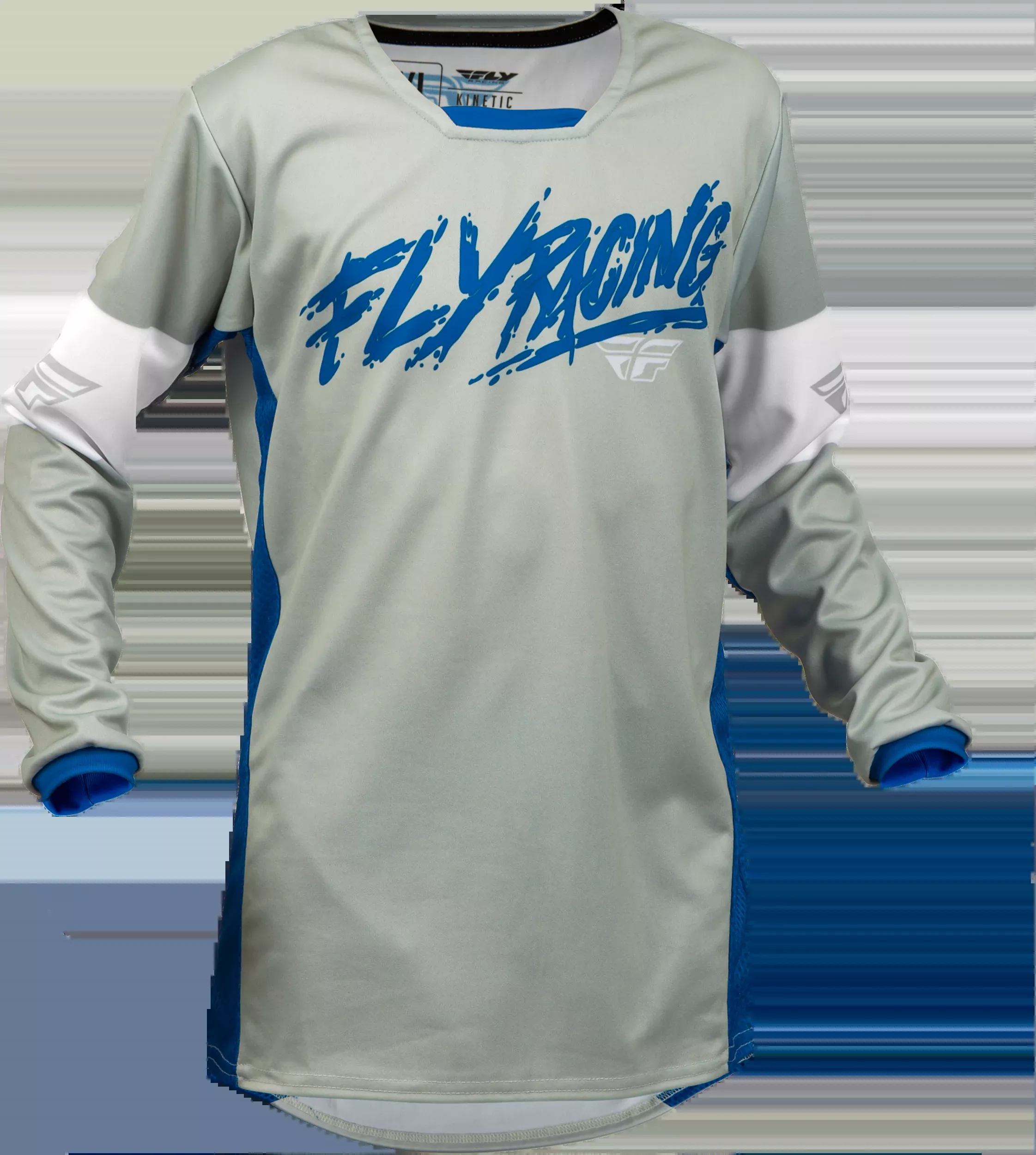 Fly Racing Youth Kinetic Khaos Jersey Light Grey/Blue/White Yx 376-423YX