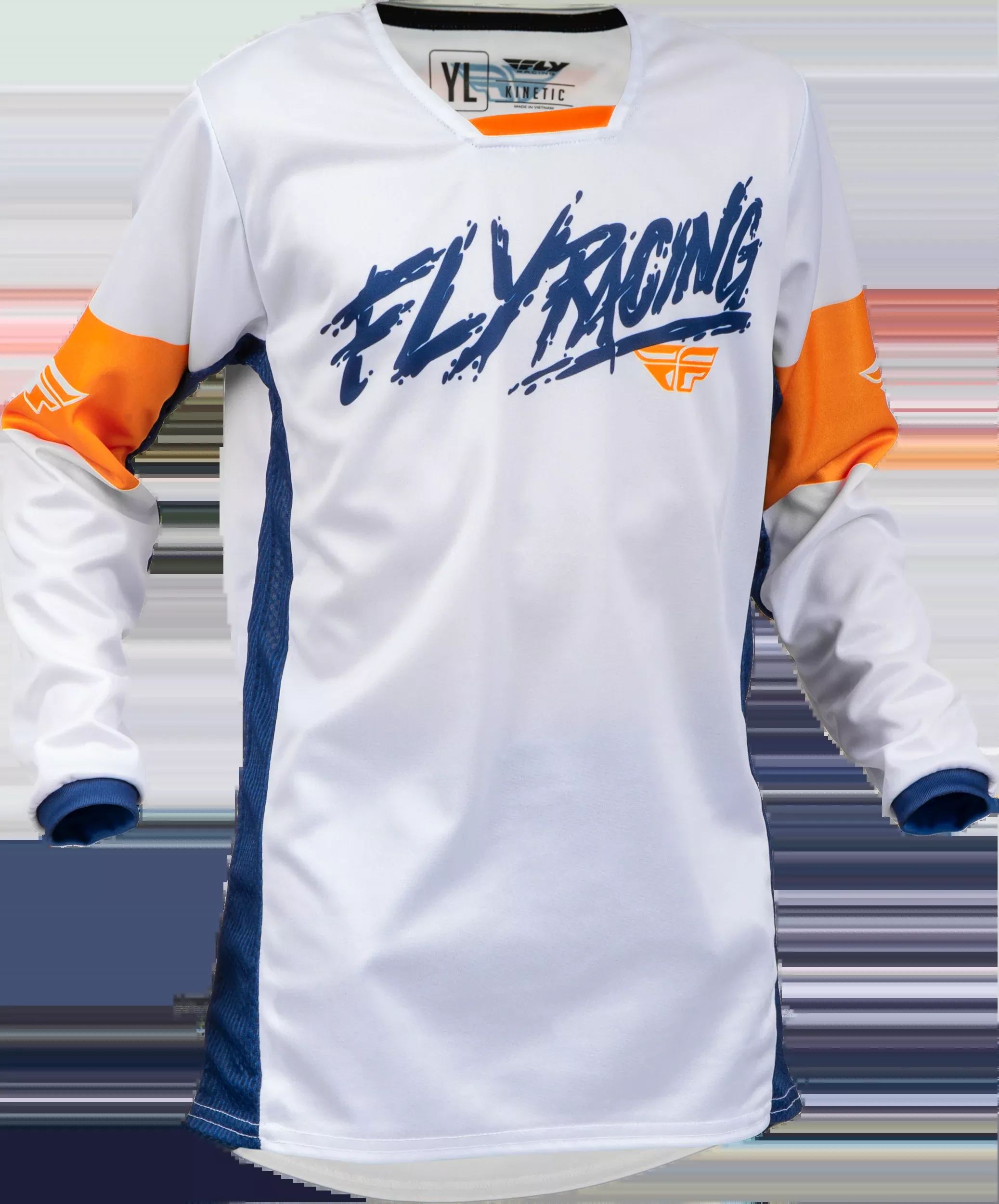 Fly Racing Youth Kinetic Khaos Jersey White/Navy/Orange Yx 376-425YX