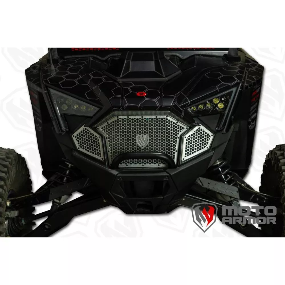 Moto Armor Complete Front Grill Set Black Trim Raw Mesh