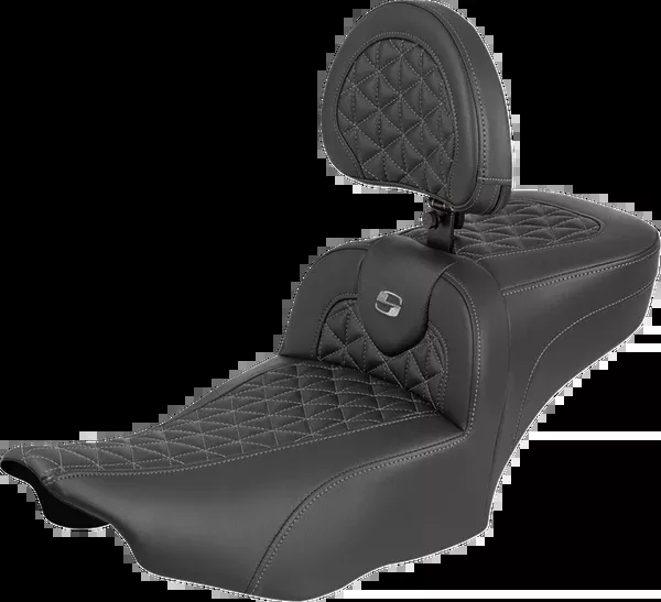 Saddlemen Roadsofa™ Extended Reach Seat – With Backrest – Gray Stitch – FLH/FLT ’23-’25