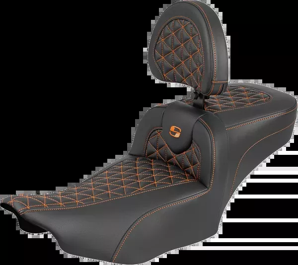 Saddlemen Roadsofa™ Extended Reach Seat – With Backrest – Orange Stitch – FLH/FLT ’23-’25