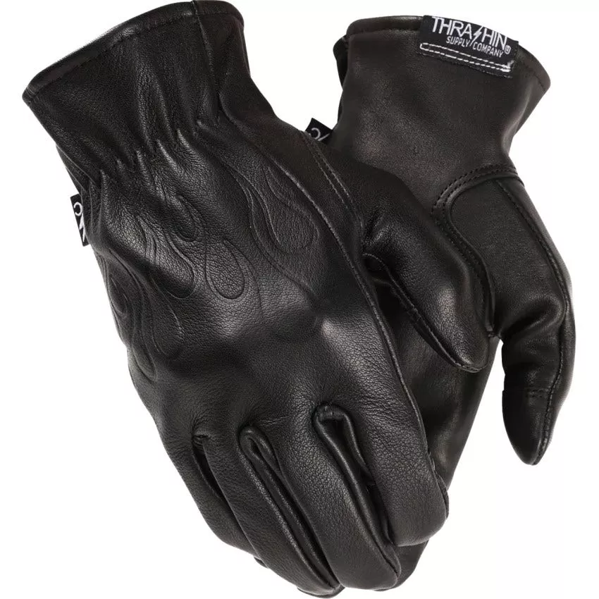 Thrashin Supply Company Roper Leather Flame Black Motorcycle Gloves
