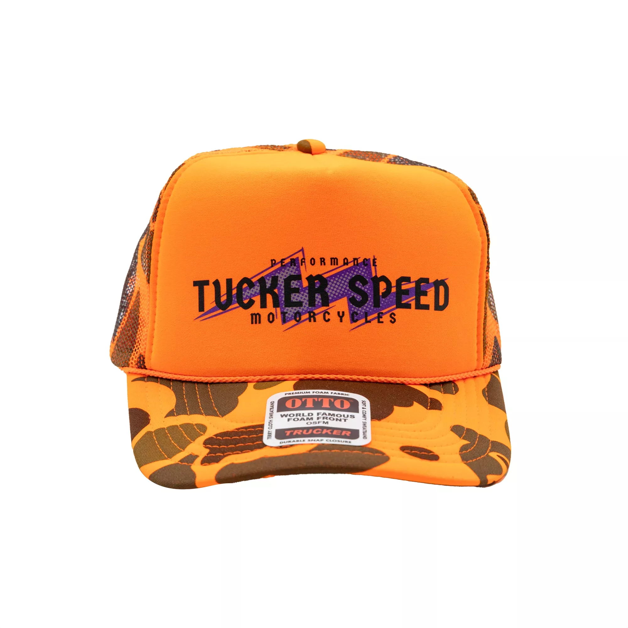 Tucker Speed Bolt Trucker Hat – Orange Camo