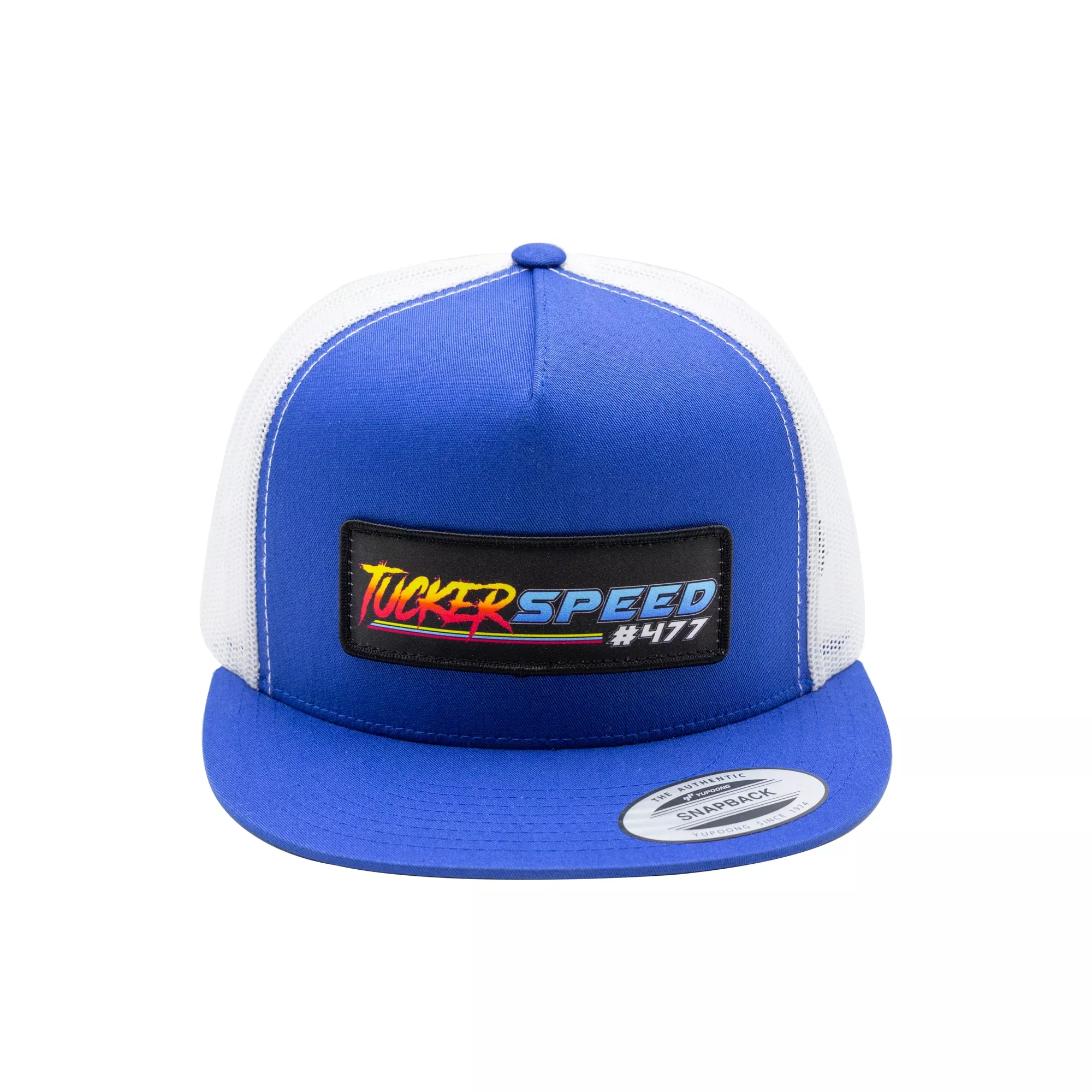Tucker Speed Race Logo Patch Trucker Hat – Royal Blue / White Mesh
