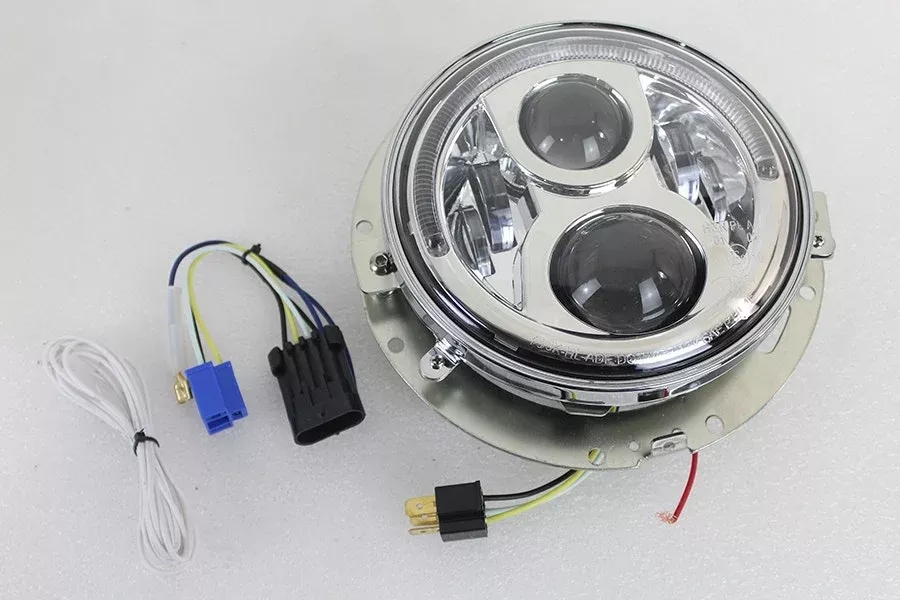 V-Twin 33-1644 7" LED Headlamp Assembly w/ Halo Ring Chrome Harley FLH 14-Up